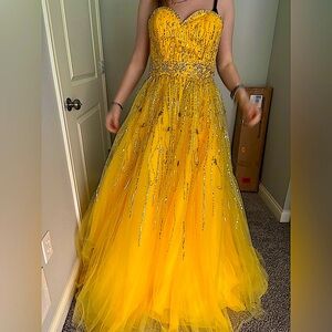 Yellow Sequin Embellished A-Line Gown for Prom